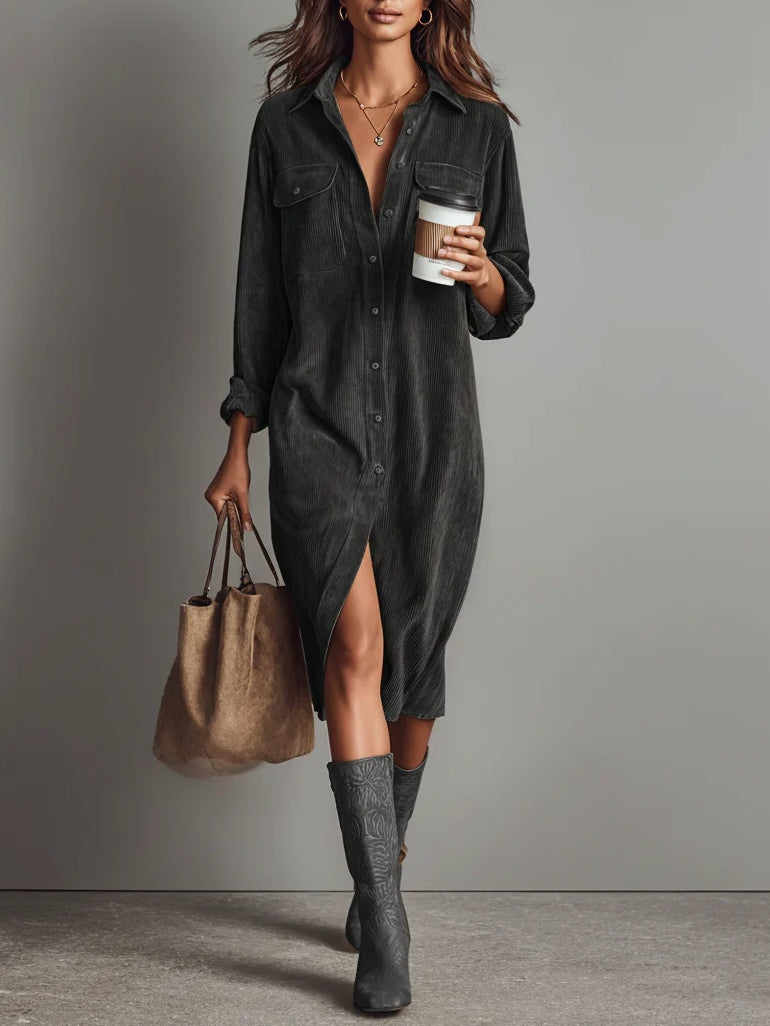 Loose Corduroy Double Chest Pocket Single Breasted Midi Dress