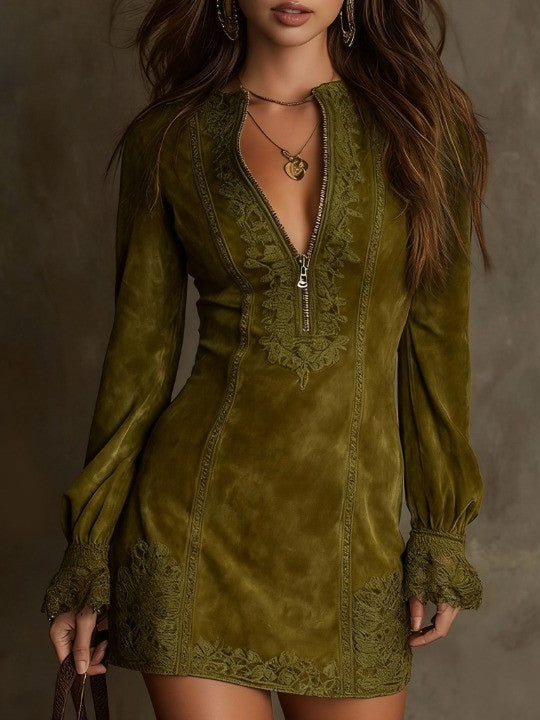 Vintage Suede Lace Trim Mini Dress